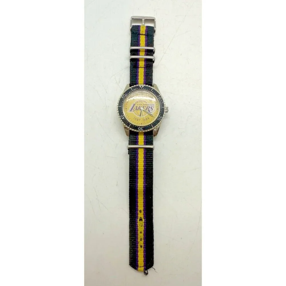 Los Angeles Lakers NBA Watch 1987-1988 Round Canvas Strap Black Yellow Purple